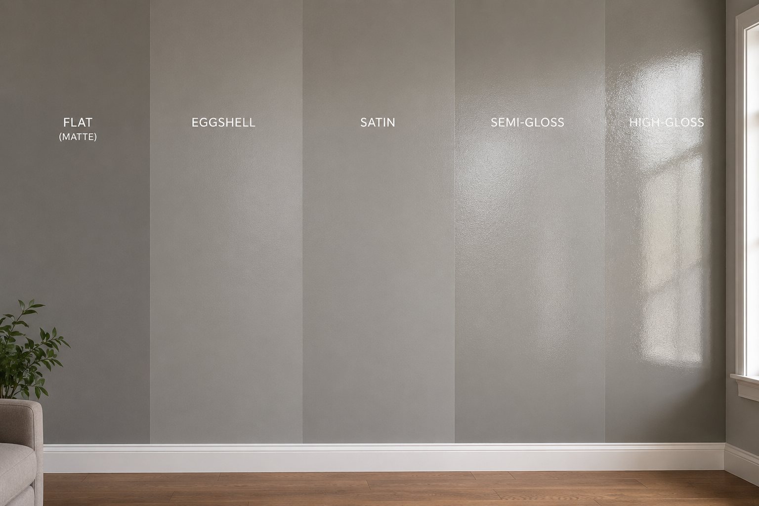 Paint sheen comparison from flat to high-gloss